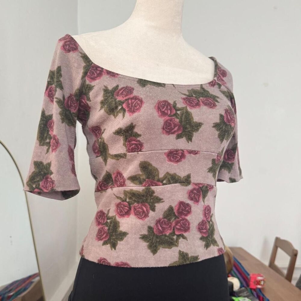 Vintage Betsey Johnson 1990s Pink Floral Rose Milkmaid Bandage Top, Size S